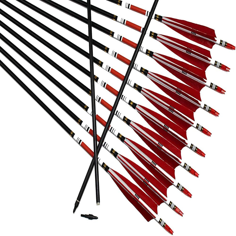12 PCS Archery Carbon Arrows Turkey Feather Fletched Arrows 31 Inches Carbon Arrows Replacement Tips Targeting Arrows Archery for Recurve Bow Traditional Bow Hunting&Practice